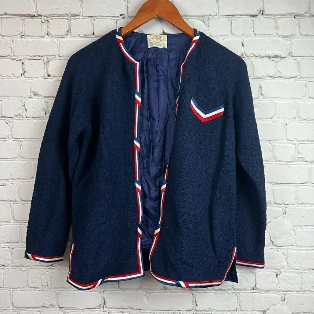 Vintage Cyntotles Americana Patriotic Nautical Cardigan Navy, w/ Red/White Trim